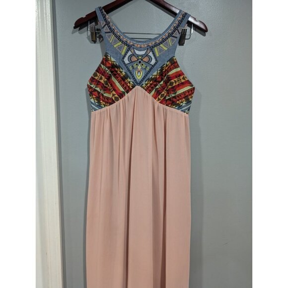 Flying Tomato Maxi Dress Peach Chiffon Embroidered Aztec Strapless Top Sz L - Picture 3 of 16
